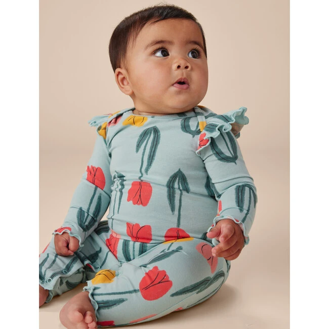 Ruffle Shoulder Baby Romper, Blue Tulips 3 Ruffle Shoulder Baby Romper, Blue Tulips - Image 2