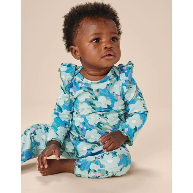 Floral Print Ruffle Shoulder Baby Romper, Monet's Garden 3 Floral Print Ruffle Shoulder Baby Romper, Monet's Garden - Image 2