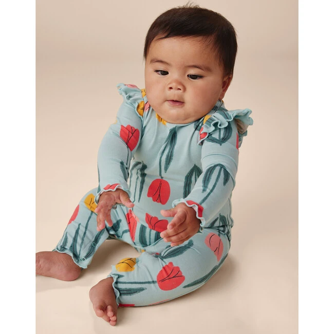 Ruffle Shoulder Baby Romper, Blue Tulips 5 Ruffle Shoulder Baby Romper, Blue Tulips - Image 4