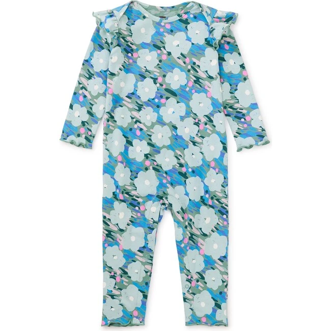 Floral Print Ruffle Shoulder Baby Romper, Monet's Garden 2 Floral Print Ruffle Shoulder Baby Romper, Monet's Garden
