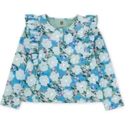 Floral Print Ruffle Shoulder Henley Top, Monet's Garden