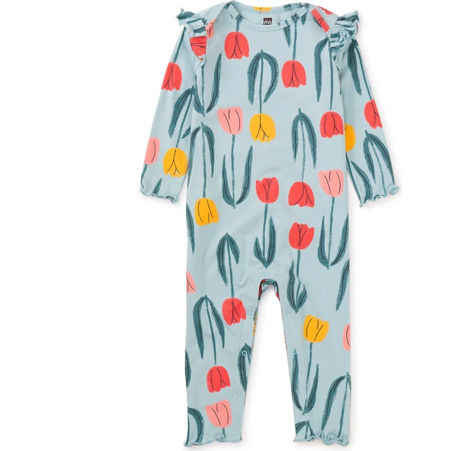 Ruffle Shoulder Baby Romper, Blue Tulips 2 Ruffle Shoulder Baby Romper, Blue Tulips