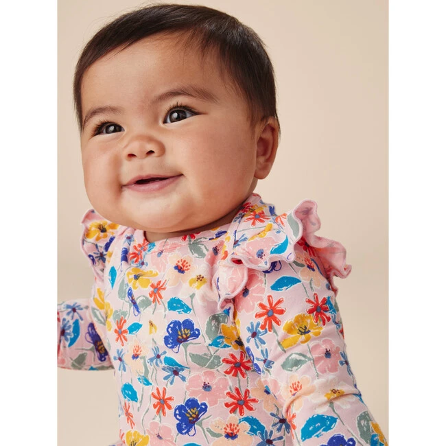 Ruffle Shoulder Baby Romper, Pink Floral 5 Ruffle Shoulder Baby Romper, Pink Floral - Image 3